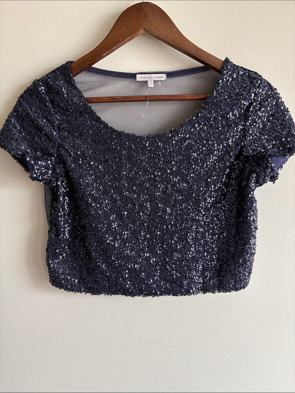 Charlotte Russe Navy Sequin Mesh Puff Sleeve Crop Top Medium
